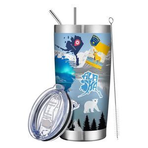 NEW 20oz Insulated Tumbler Alaska State Coffee Mug Cup Lid Straw